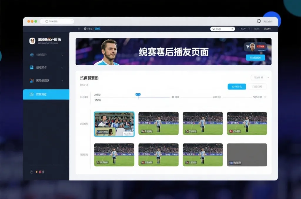 比赛结束后，电视屏幕展示集锦回放页面，旁边有时间轴和多角度切换提示